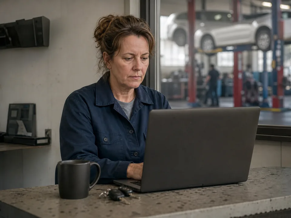 A woman who runs a small auto repair shop reading email on a laptop at the front counter