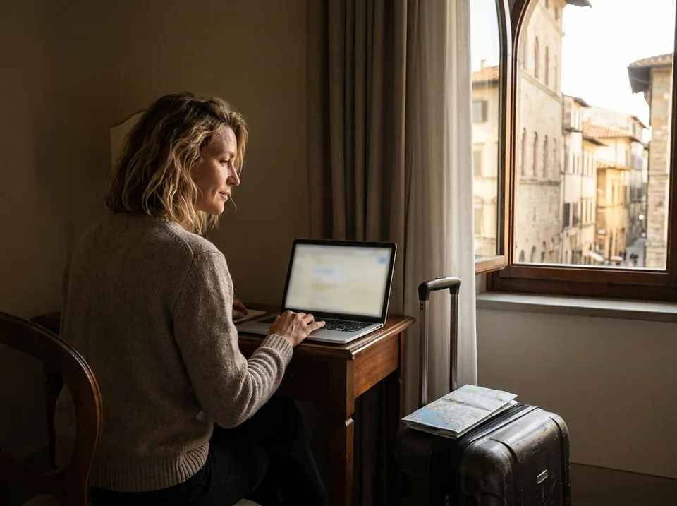 A woman checking her email on a laptop in a European hotel room