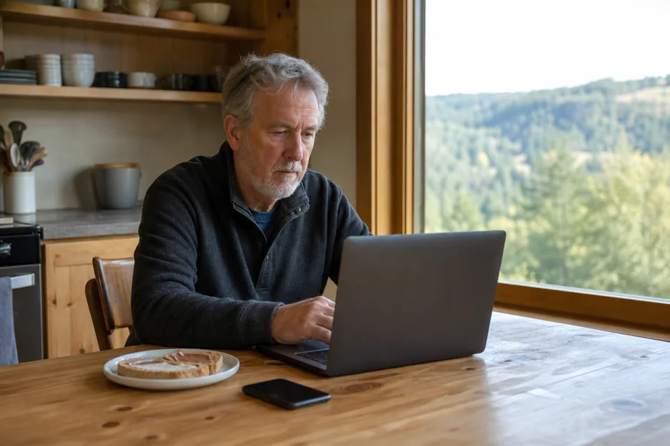 A man reading email on a laptop at a kitchen table with a phone beside it