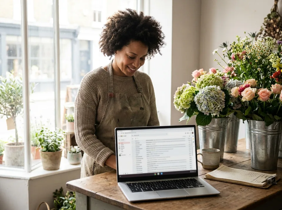A small business owner reading email on a laptop at a shop counter