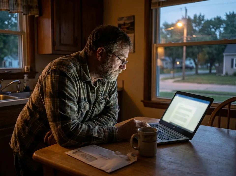 A man reading several email accounts on a laptop at his kitchen table