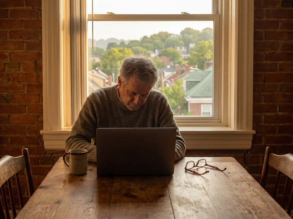 A retired man reading email on a laptop at his dining table