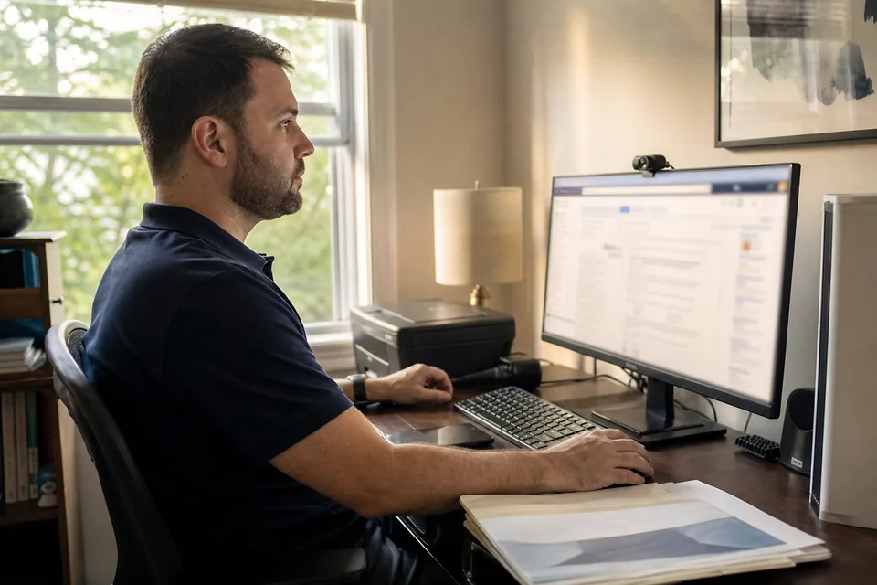 An insurance agent working through his email on a Windows desktop PC in a home office