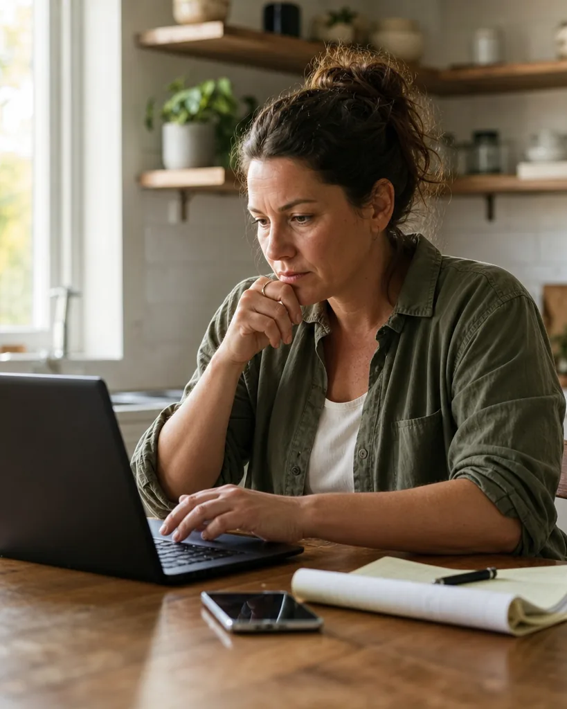 A small business owner reading email on a laptop at her kitchen table